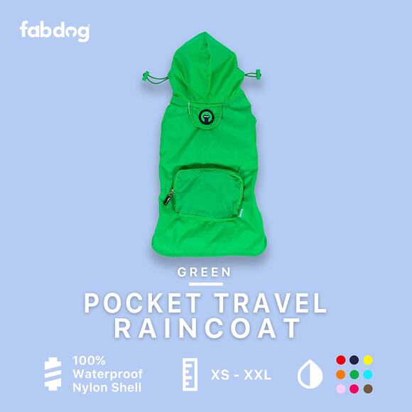 FabDog Bright Green Packable Pet Raincoat Jacket w/ Hood for Cat or Dog - Picture 2 of 3